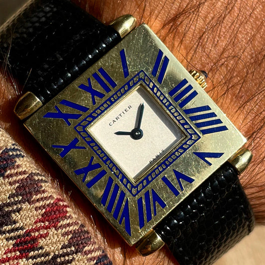 Cartier Paris 18k Gold Tank Obus "Quadrant" w/ Blue Enamel Numerals