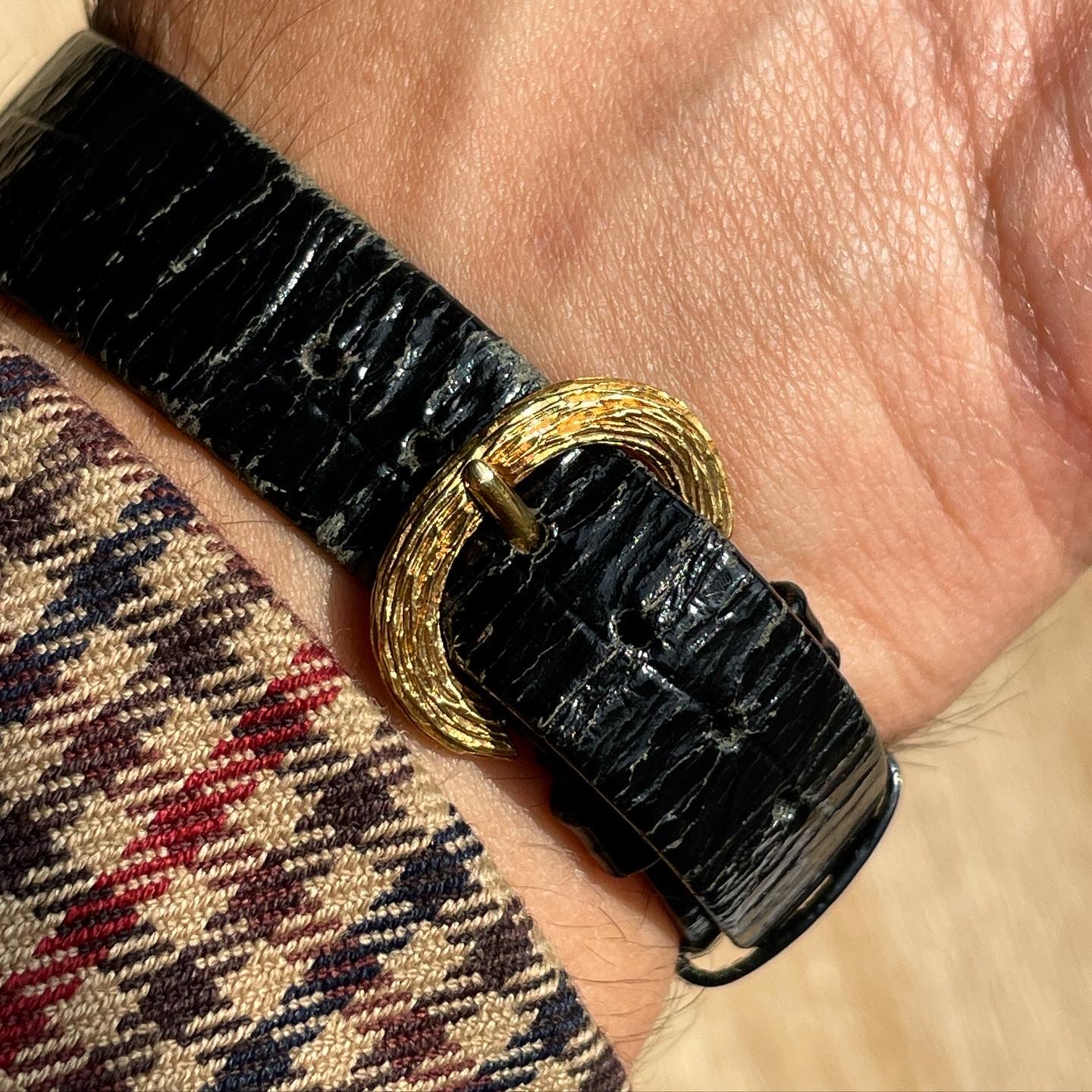 Bueche-Girod 18k Gold Large Oval Bark-Finish Watch w/ Lapis Lazuli Dial (Possible Roy King collaboration design)