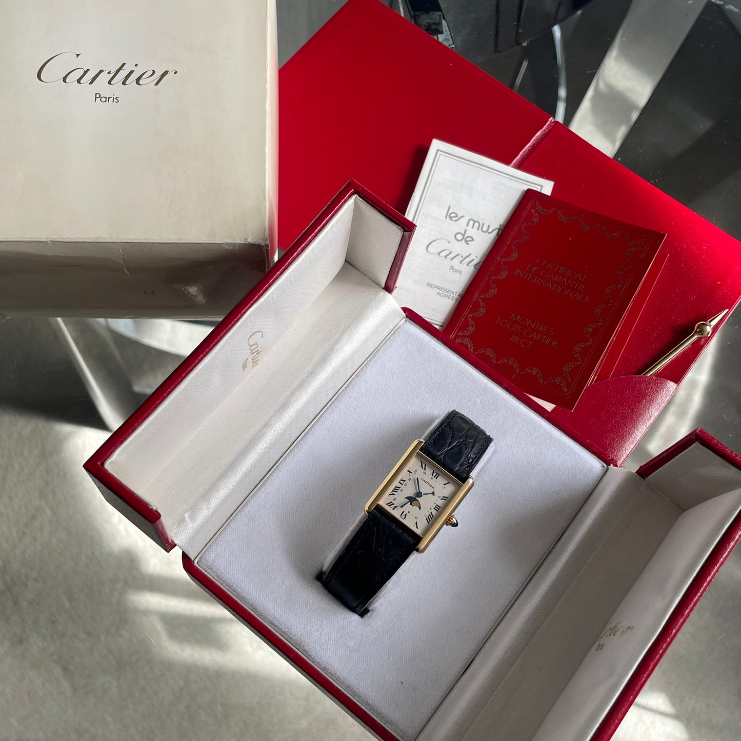 Cartier Tank Louis Phase de Lune 18k Gold Calendar Moonphase 1890 w/ Original Box & Papers Set