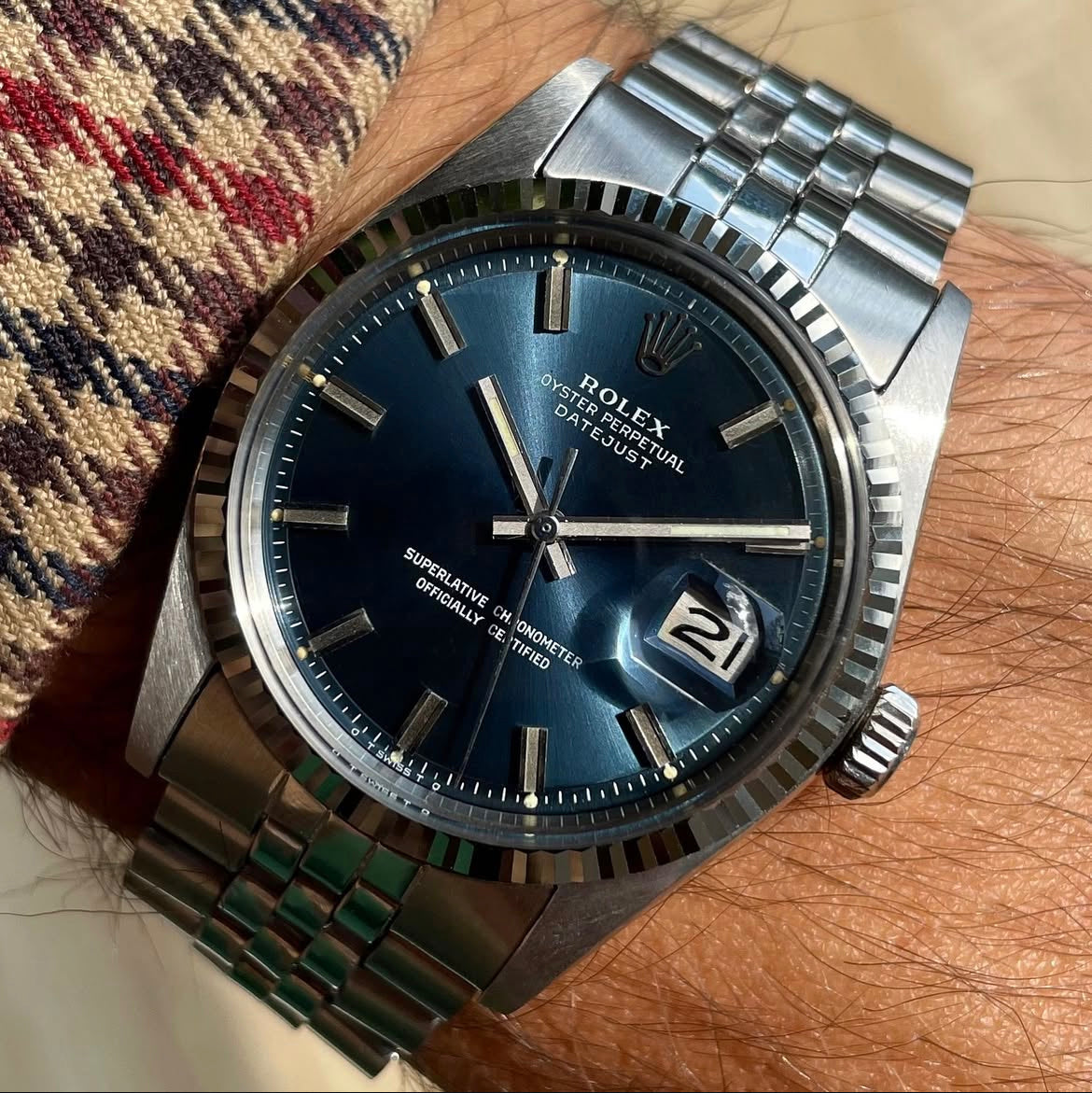 Rolex Datejust 1601 Rare Blue "Wide Boy" Sigma Dial 1973 Immaculate