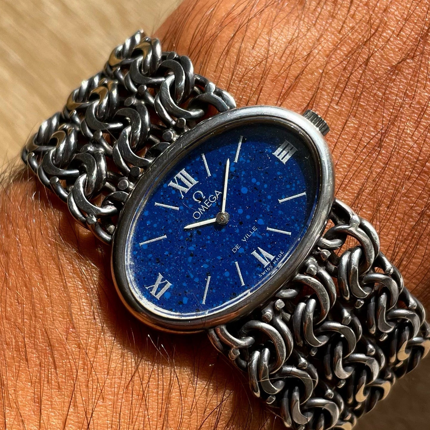 Omega De Ville Solid Silver Chainmail Bracelet Watch in Andrew Grima Style
