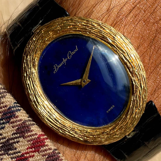 Bueche-Girod 18k Gold Large Oval Bark-Finish Watch w/ Lapis Lazuli Dial (Possible Roy King collaboration design)