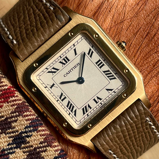 Cartier Paris 18k Gold Santos Dumont "Extra Plate" 1576 w/ Guilloché Dial & Cartier Service Papers