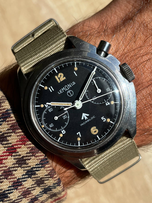 Lemania "Asymmetric" Royal Navy British Military Issued Single Pusher Chronograph Circa 1960s