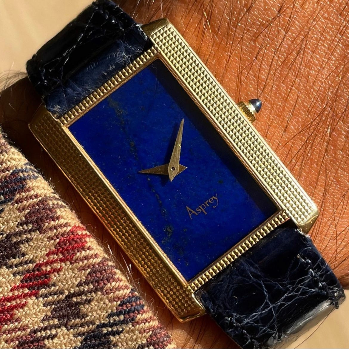 Piaget Retailed by Asprey 18k Gold Hobnail Tank 9214 w/ Lapis Lazuli Stone Dial