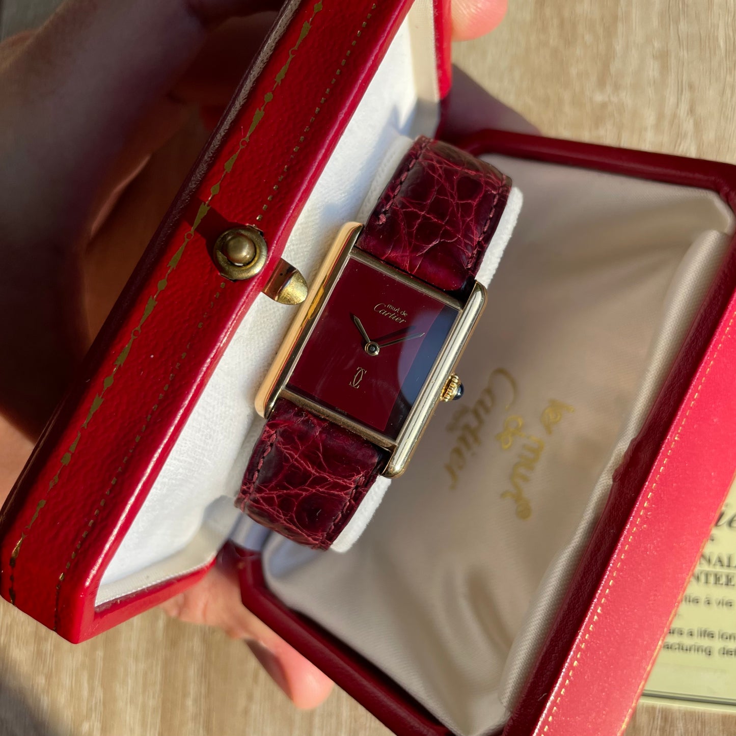 Must de Cartier Tank Burgundy Lacquer Dial Box & Papers