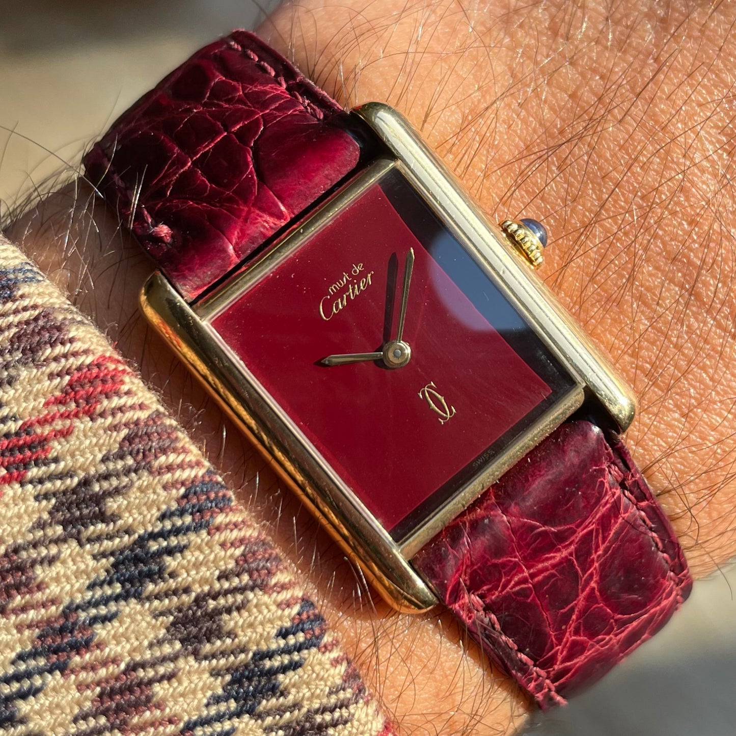 Must de Cartier Tank Burgundy Lacquer Dial Box & Papers